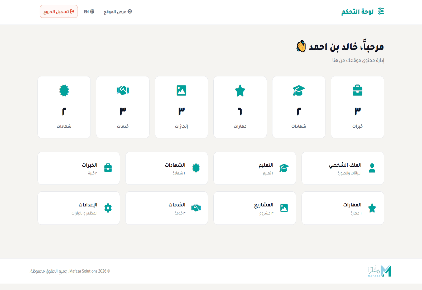Mafaza CV لوحة التحكم